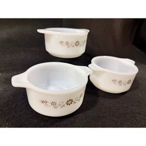3 Vintage Dynaware Pyr-O-Rey Brown Flower Casserole Bowl Milk Glass